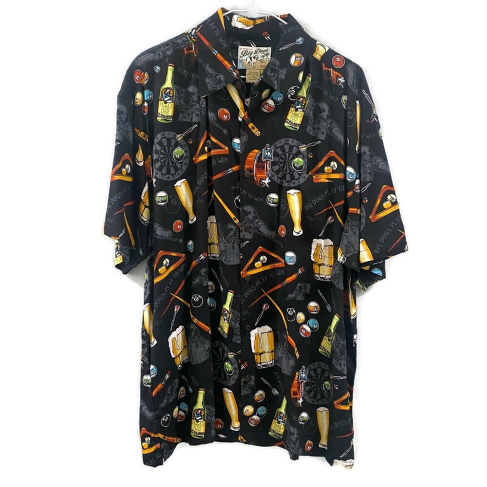 Big Dogs Pool Darts Beer Novelty Print Short Sleeve Shirt S/M